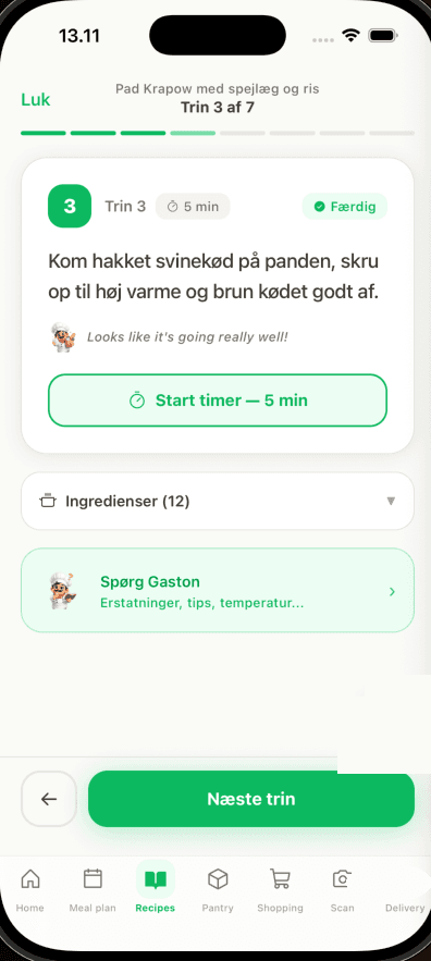 Cook mode screen in the Gaston app