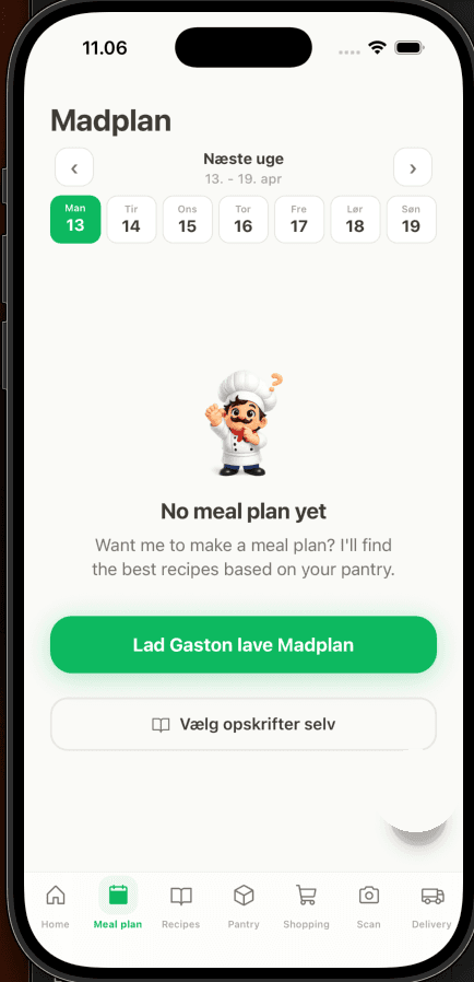 Meal plan screen in the Gaston app