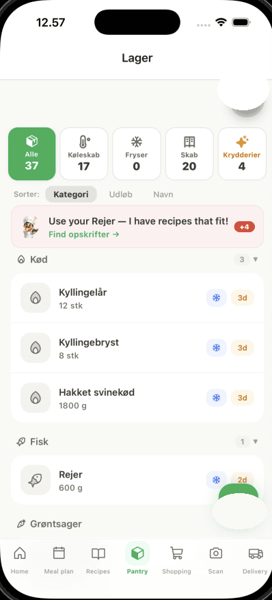 Pantry screen in the Gaston app