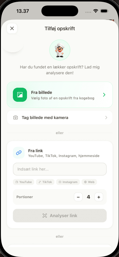 Import recipe screen in the Gaston app