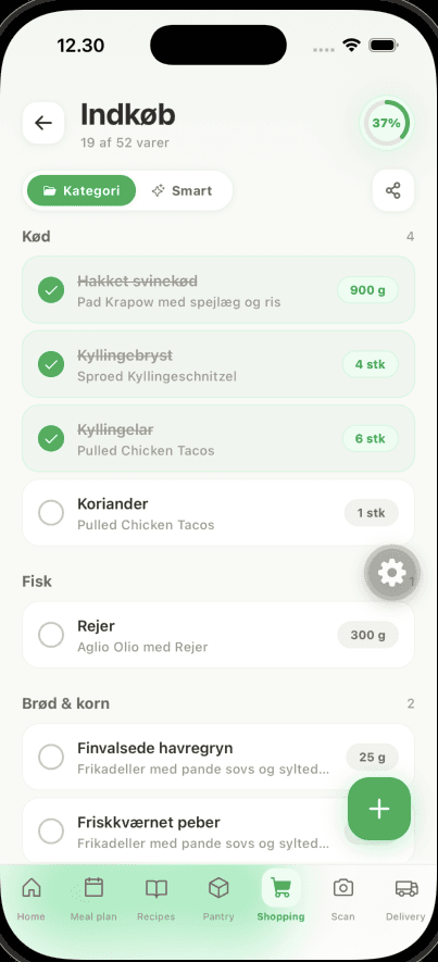 Shopping list screen in the Gaston app