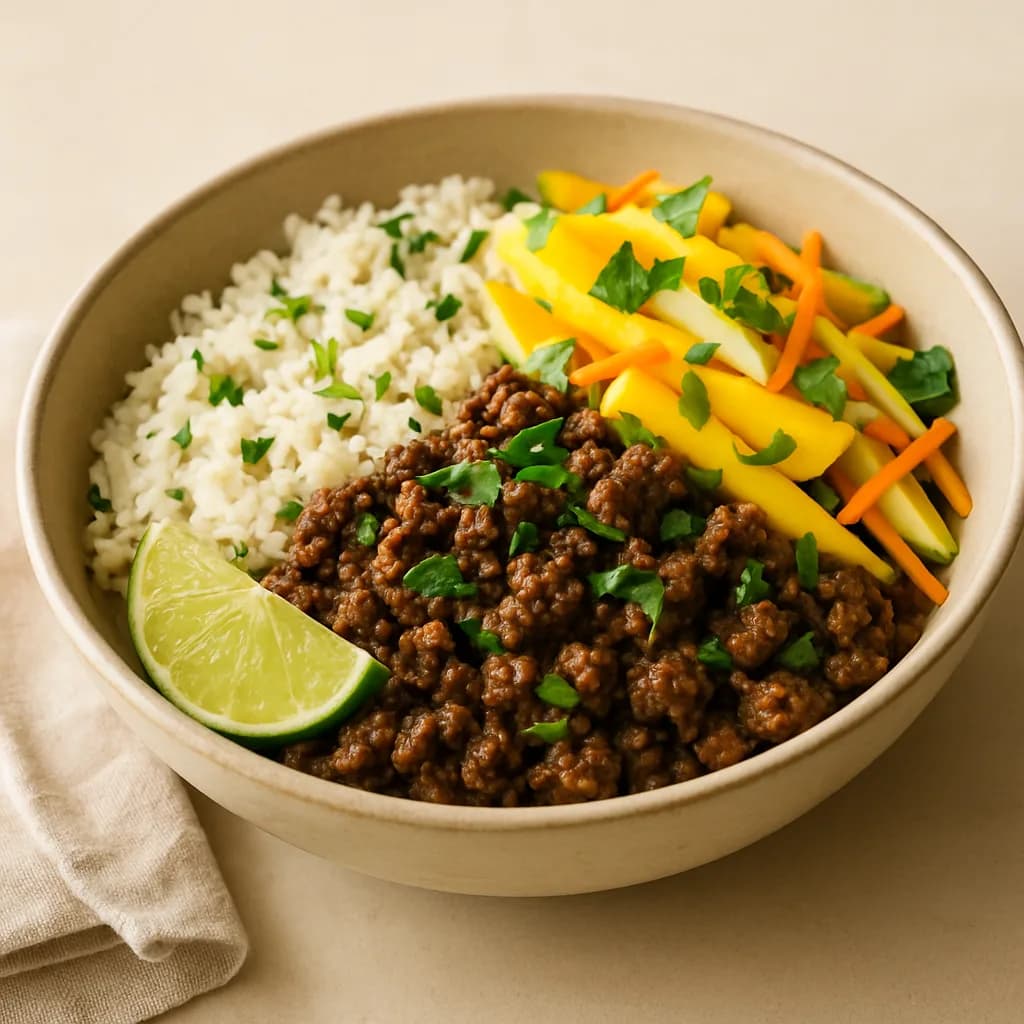 Asian Beef Bowls with Mango & Garlic Rice