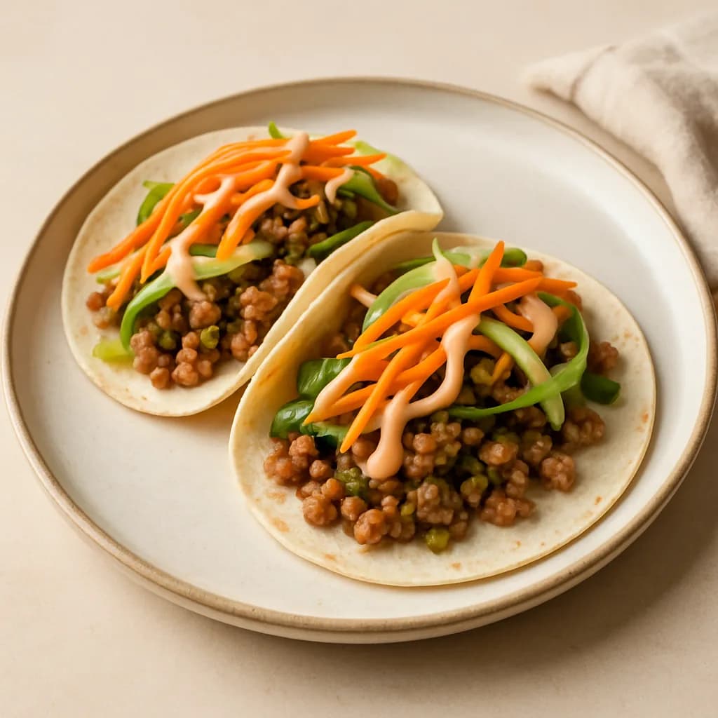 Asian-Style Ground Pork Tacos with Bok Choy & Sriracha Mayo