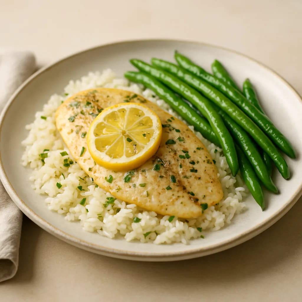 Baked Tilapia with Lemon Rice and Green Beans