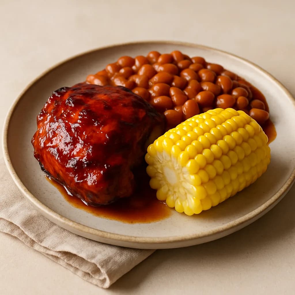 BBQ Chicken Thighs with Baked Beans and Corn