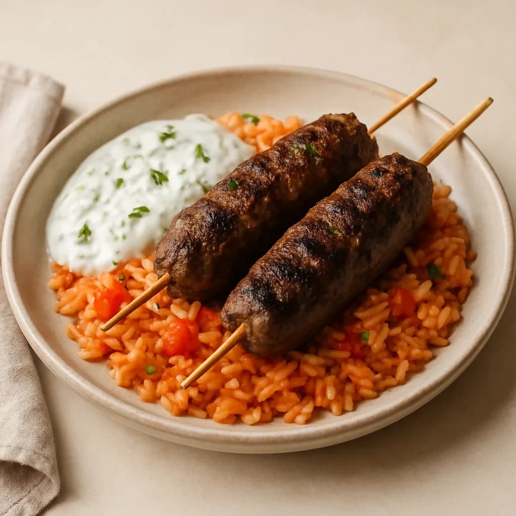 Beef Kofta with Tomato Rice and Yogurt Sauce