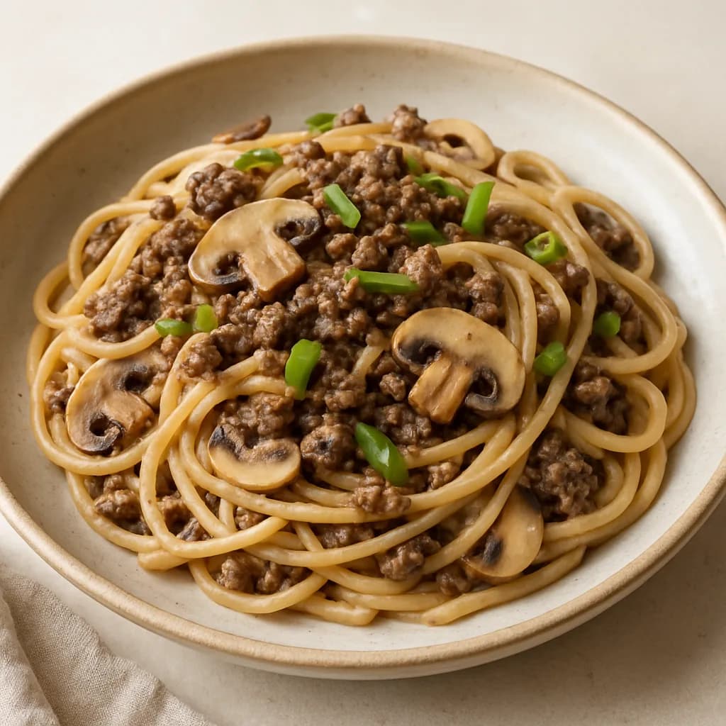 Beef & Miso Spaghetti with Mushrooms & Scallions