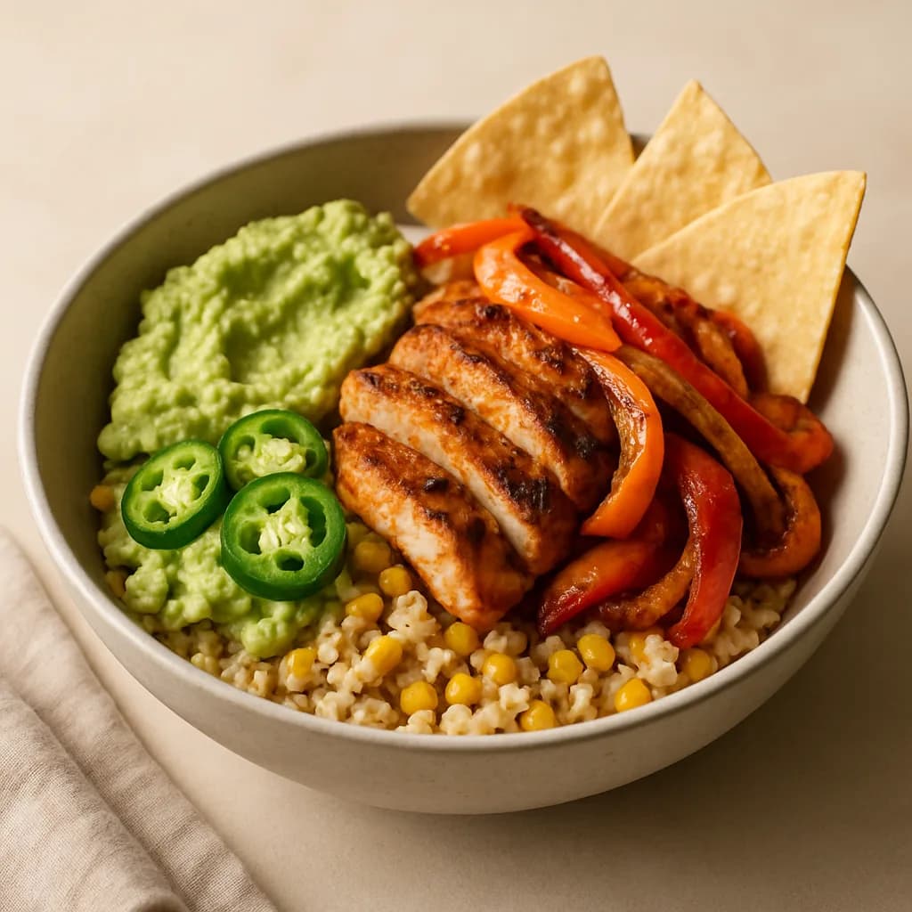 Chicken Fajita Bowl with Charred Corn Bulgur, Avocado Mash & Tortilla Chips