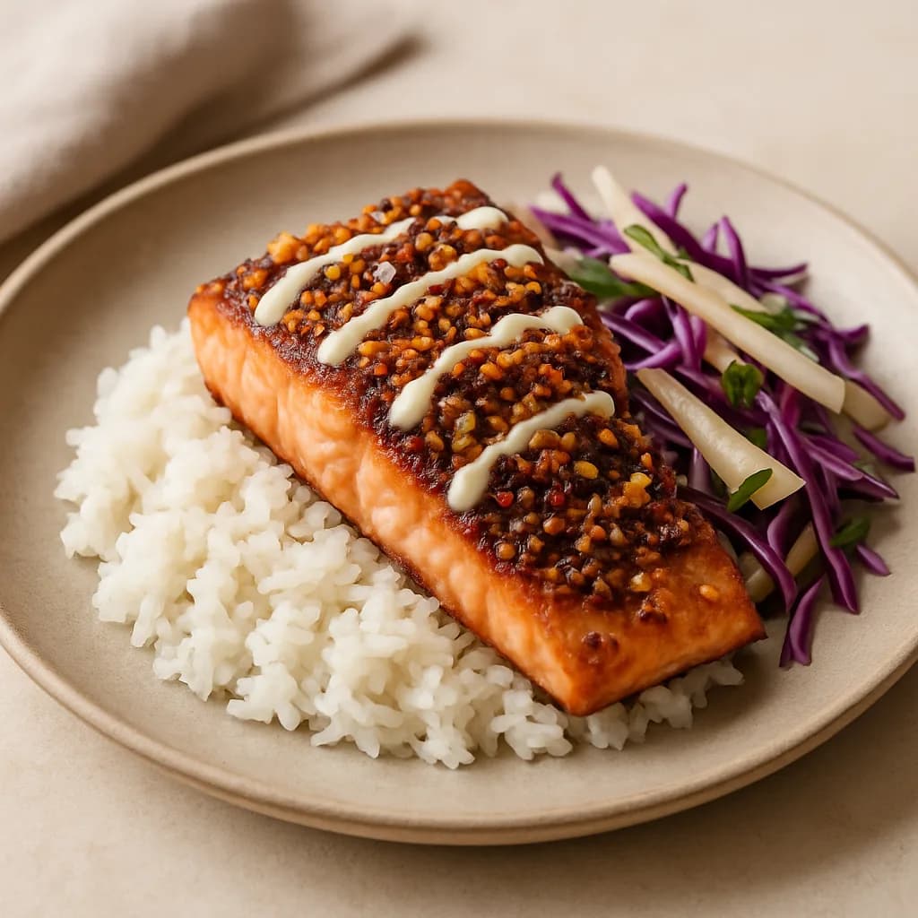 Salmon with Chili-Sesame Crunch over Jasmine Rice & Pear Slaw