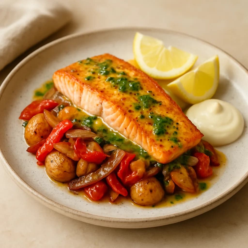 Citrus-Butter Salmon with Roasted Vegetables, Herb Sauce & Aioli