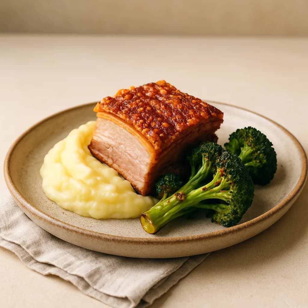 Crispy Pork with Broccoli and Mash