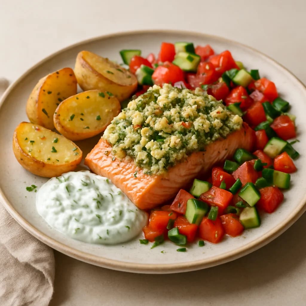 Greek-Style Baked Salmon with Citrus Potatoes, Tzatziki & Feta-Herb Crumble