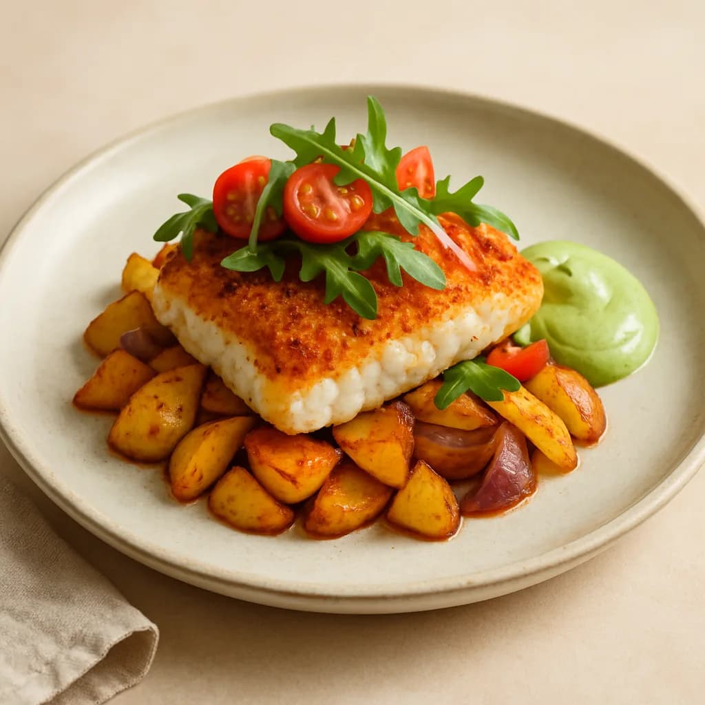 Harissa-Crusted Cod with Roasted Paprika Vegetables & Basil Mayo