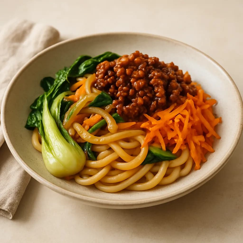 Japanese Miso-Caramelized Beef Udon with Bok Choy & Carrot