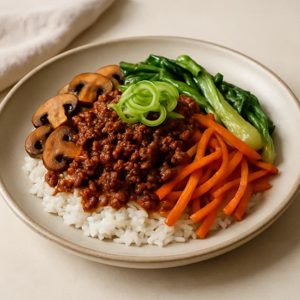 Korean Beef Bibimbap with Ginger-Sauteed Vegetables