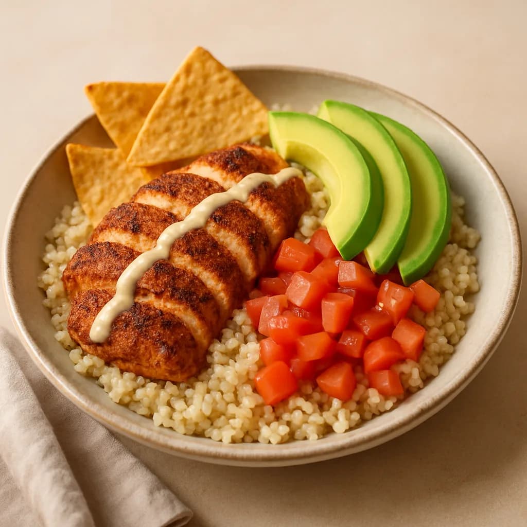 Mexican Chicken Bulgur Bowl with Avocado and Tortilla Chips