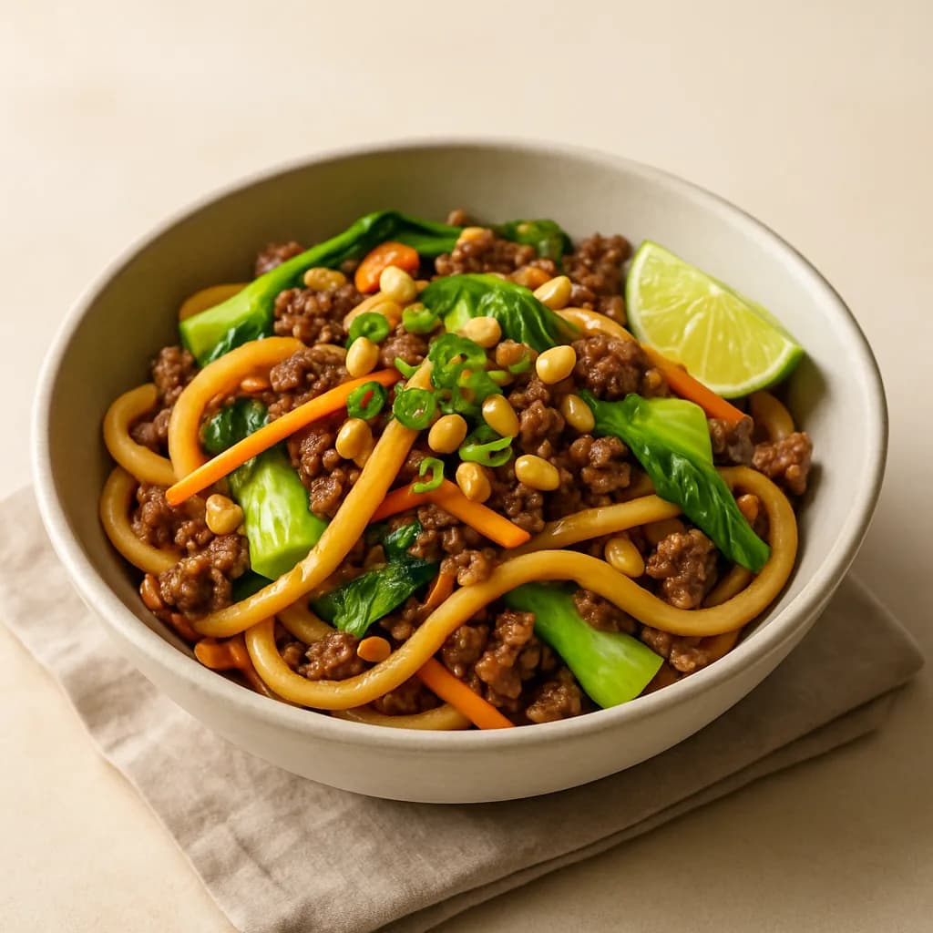 Mongolian-Style Beef Udon Wok with Bok Choy & Peanuts