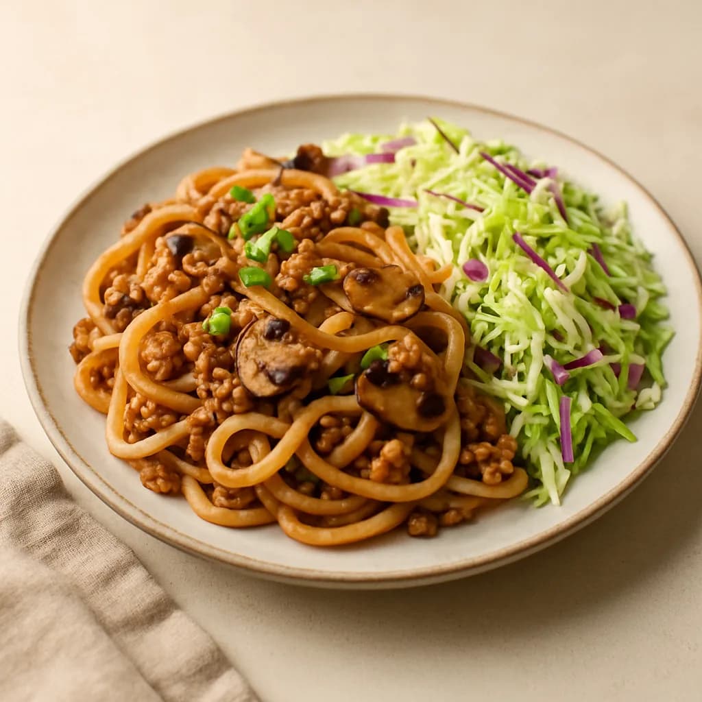 Pork and Mushroom Udon Stir-Fry with Sesame Slaw