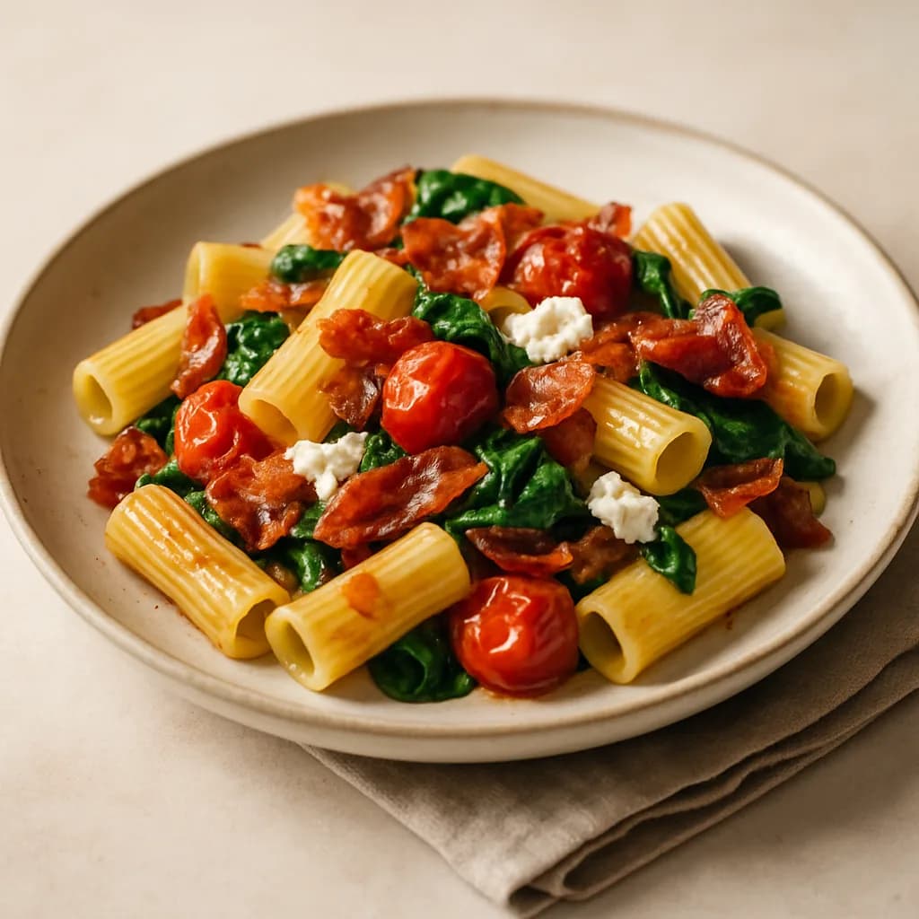 Crisp Prosciutto Rigatoni with Spinach