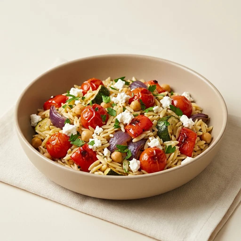 Ovnbagte grøntsager med feta og orzo