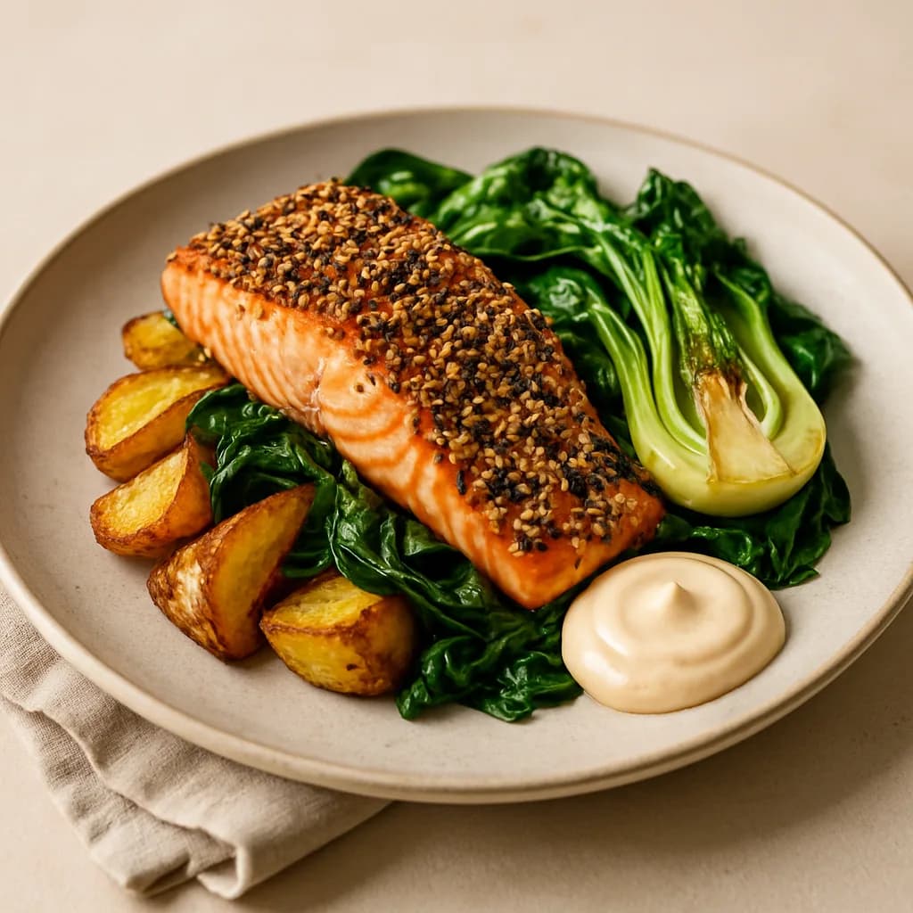 Sesame-Crusted Salmon with Pan-Seared Bok Choy & Asian Mayo