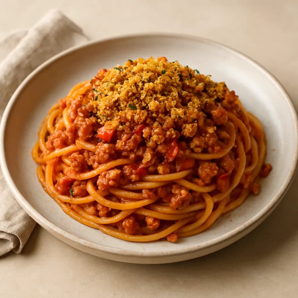 Spaghetti with Pork Ragu and Pangrattato