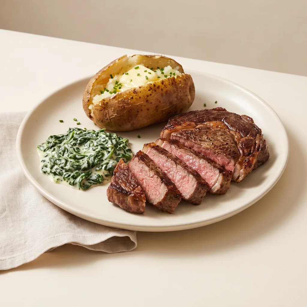 Steak with Baked Potato and Creamed Spinach