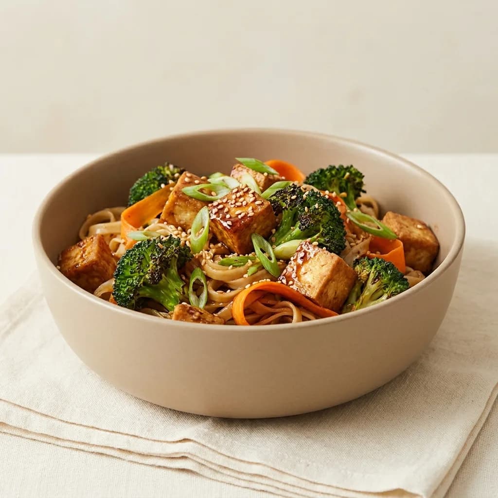 Sprød tofu med broccoli og nudler
