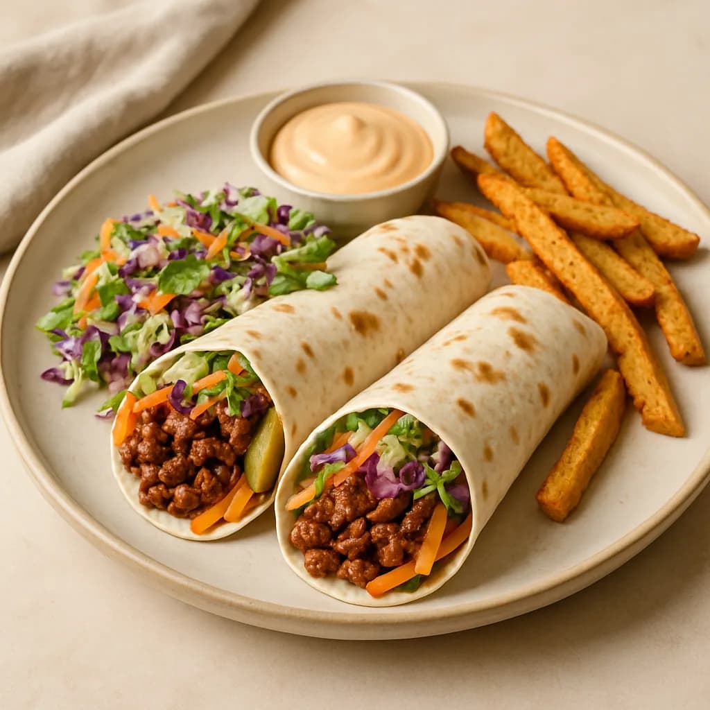 Vietnamese-Style Ground Pork Wraps with Cabbage Slaw & Chili Fries